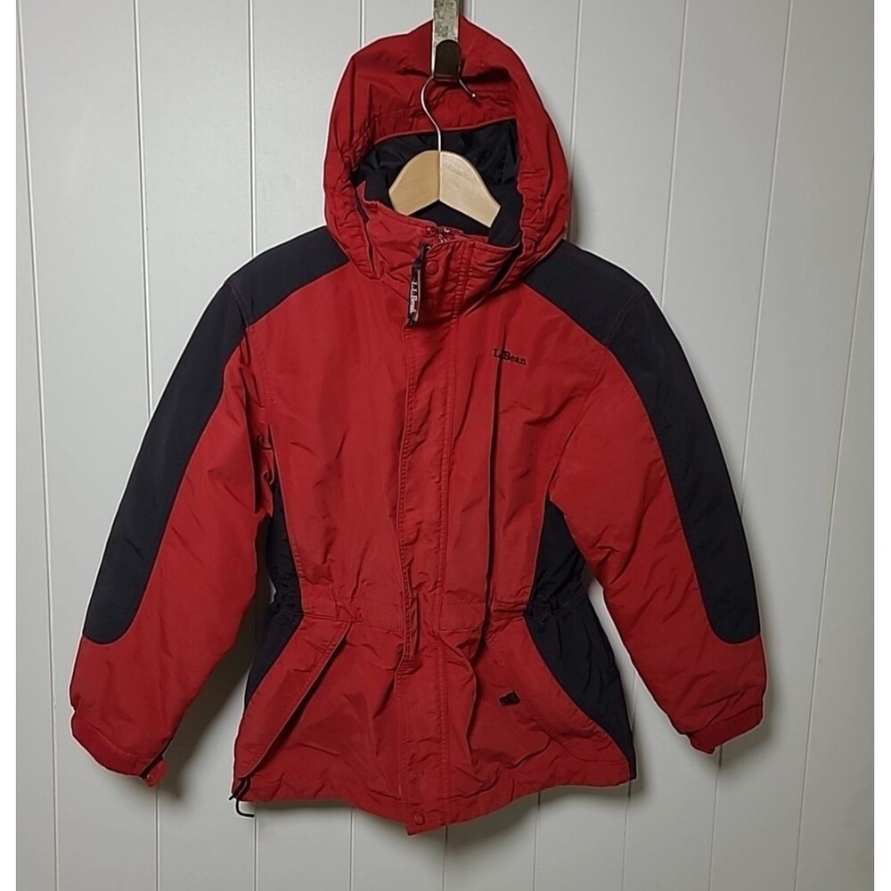 LL Bean Kids Jacket Unisex Red Black Size Medium 10-12  Hooded Winter Fall Snow